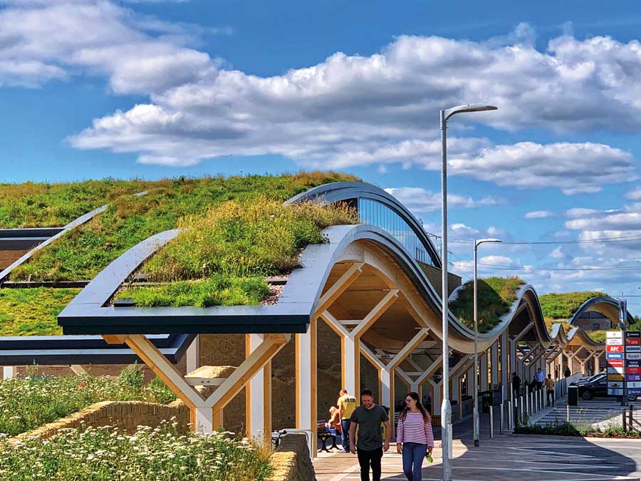 Curved green roof at Leeds Skelton Lake service station